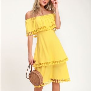 Yellow Off-the-Shoulder Tasseled Midi Dress